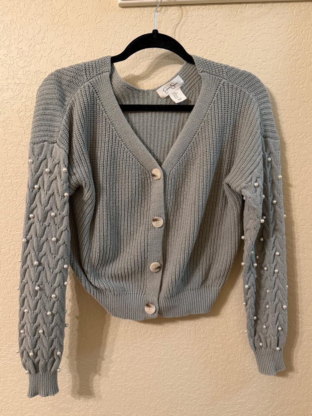 Jessica Simpson Light Gray Pearl-Embellished V-Neck Cardigan